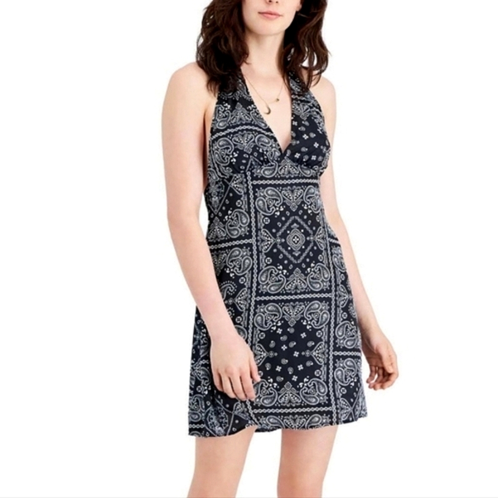 Just Polly XS Mini Halter Dress Black White Bandana Open Back Tie Neck Silky NWT